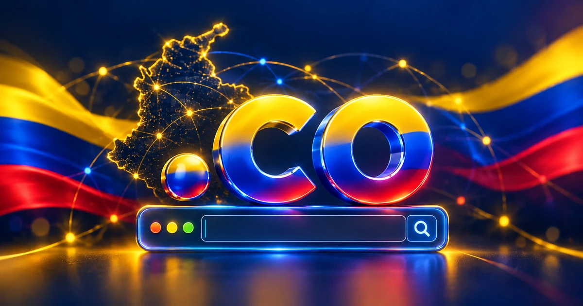 Dominio .co con los colores de Colombia, mapa del país y una barra de búsqueda