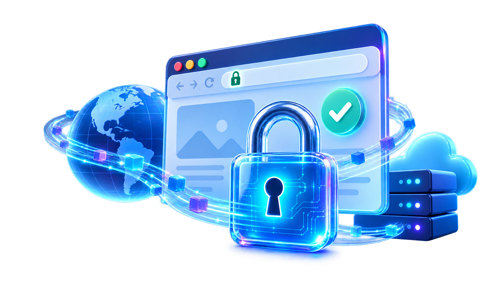 Candado SSL frente a un navegador y servidores conectados
