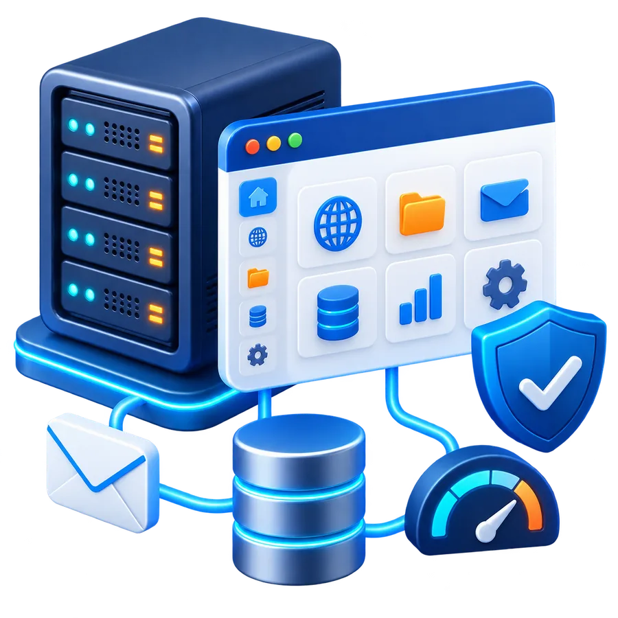 Ilustración de un panel de hosting conectado a servidores, correo, seguridad y base de datos
